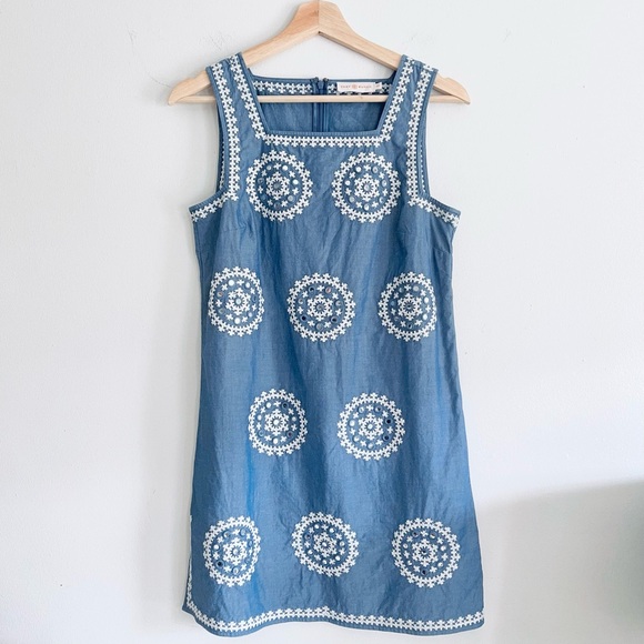 Tory Burch Embroidered Chambray Sleeveless Shift Dress Indigo Chambray Ivory, S - Picture 11 of 11